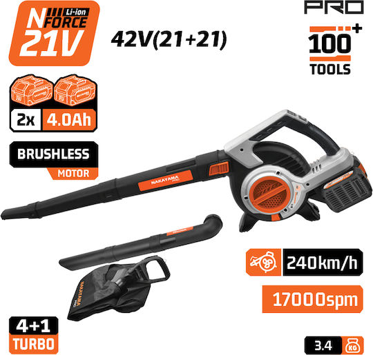Nakayama EC1715X44 Φυσητήρας / Απορροφητήρας Χειρός 42V με 2 Μπαταρίες 4Ah & Ρύθμιση Έντασης με Μέγιστη Ταχύτητα Αέρα 288km/h