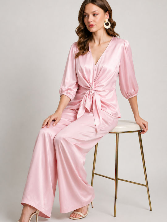 Women's Satin Crop Top with 3/4 Sleeve & V-Neckline Pink
