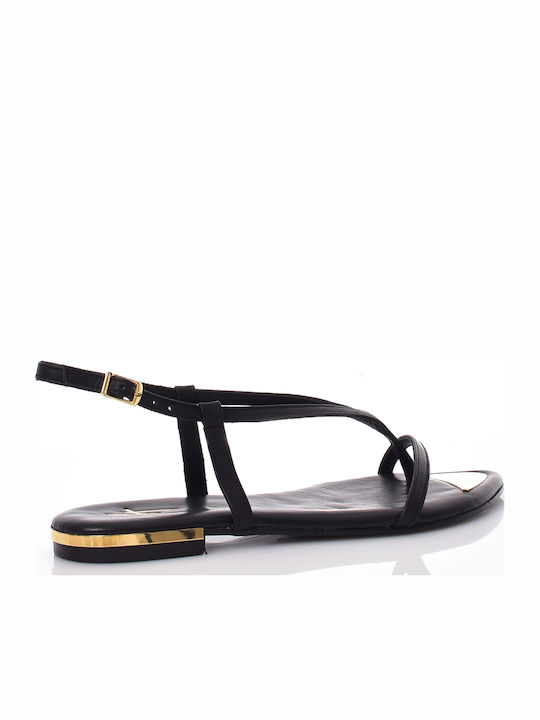 Deri Leder Flache Sandalen Für Damen Schwarz