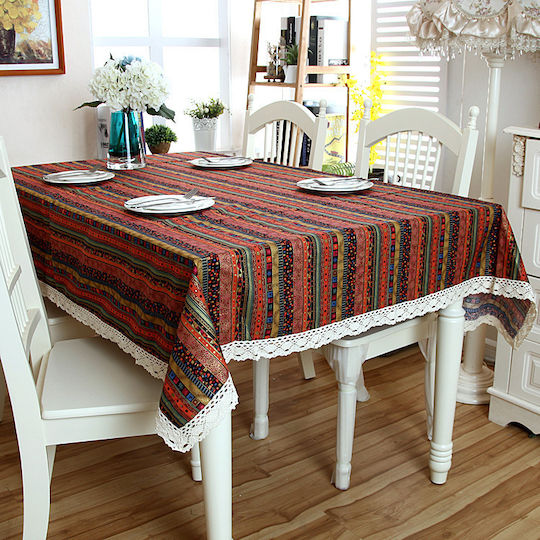 FRIPIA Linen Tablecloth With Multicolour Lace 140x250cm