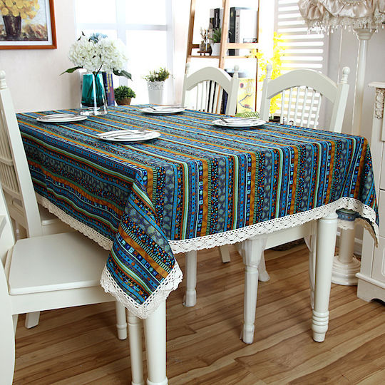 FRIPIA Linen Tablecloth With Blue Lace 140x250cm