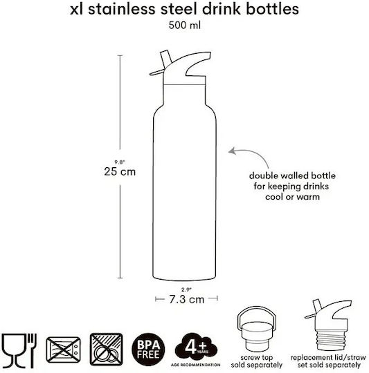 A Little Lovely Company Kids Water Bottle Thermos Stainless Steel with Straw 500ml