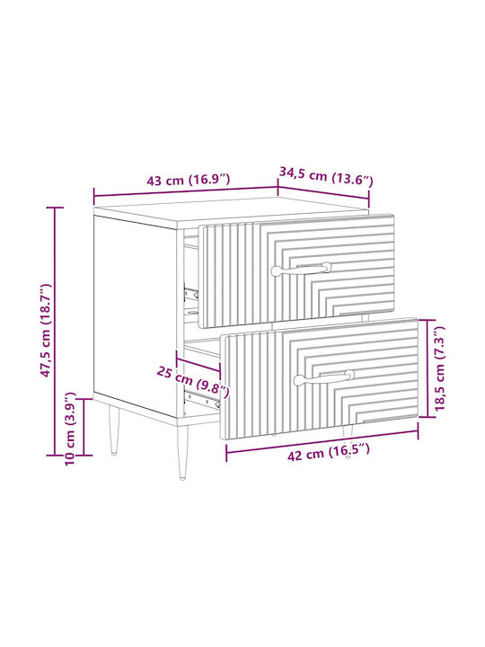 Wooden Bedside Table with Metal Legs White 43x34.5x47.5cm