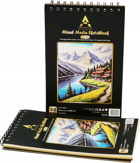 Artistiq A5 Spiral Skizzenbuch 50 Blätter 3 Bunte Zeichenpapiere 120g/m2