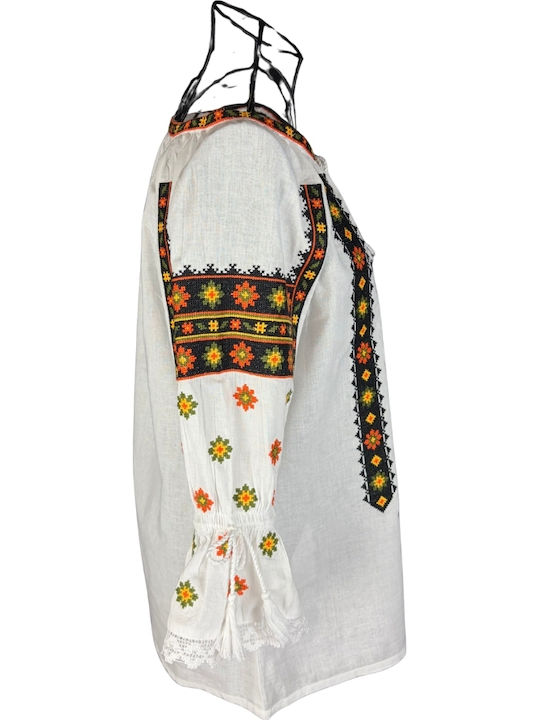 Bluza Damă Bumbac Mânecă Lungă Alb/Portocaliu