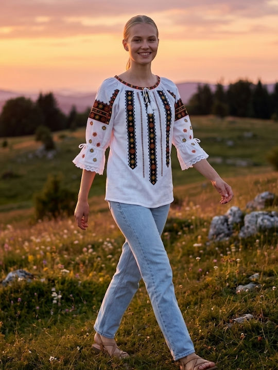 Bluza Damă Bumbac Mânecă Lungă Alb/Portocaliu