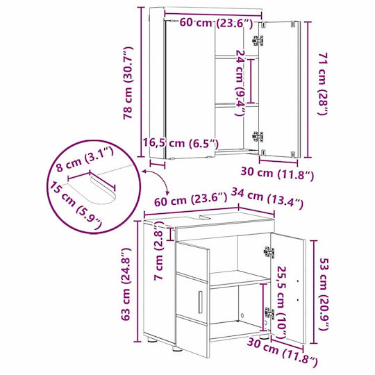 vidaXL Πάγκος με Νιπτήρα, Καθρέπτη & Στήλη Μ60xΒ34xΥ63cm Γκρι