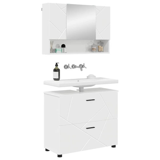 vidaXL Blat cu Lavoar, Oglindă & Coloană cu lumină L76.5xW35xH64cm Glossy White