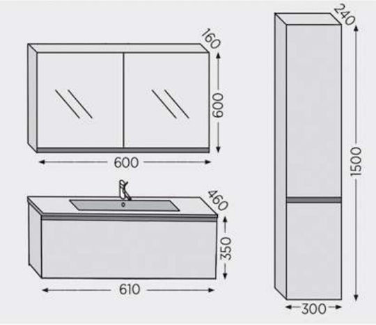 Furnibath Blat cu Lavoar & Oglindă L61xW35xH46cm Nuci