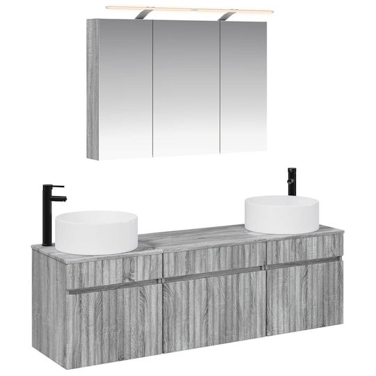 vidaXL Unitate De Mobilier Pentru Baie Cu Chiuvetă Și Oglindă Cu Lumină L100xA14.5xÎ70cm Gri Sonoma