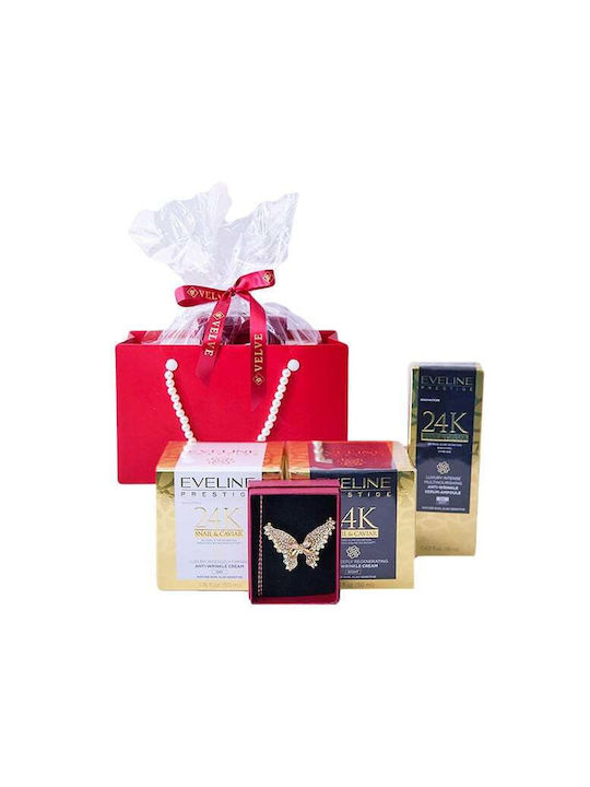 Set Cadou Tenderness Brosa Martisor Fluture Cremă De Zi Anti-îmbătrânire Cu Caviar De Melc 50 Ml Ser Facial Cu Caviar De Melc Eveline Prestige În Husă Elegantă Stil Geantă Roșu Aurie