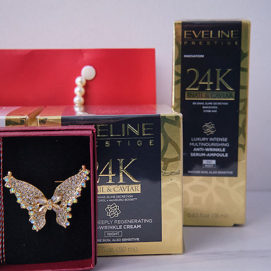 Tenderness Gift Set Butterfly Martisor Brooch Eveline Prestige Snail Caviar Anti-aging Day Cream 50 Ml Eveline Prestige Snail Caviar Face Serum In Elegant Handbag-style Pouch Red Gold