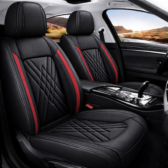 Autositzbezüge Set Universal Eco Leder Vorne Hinten Schwarz Rot Design