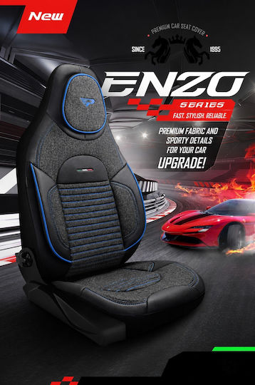 Комплект Калъфи За Автомобилни Седалки Universal Panda Enzo Плат Предни Задни Залепени Подглавник Черен Син Райе
