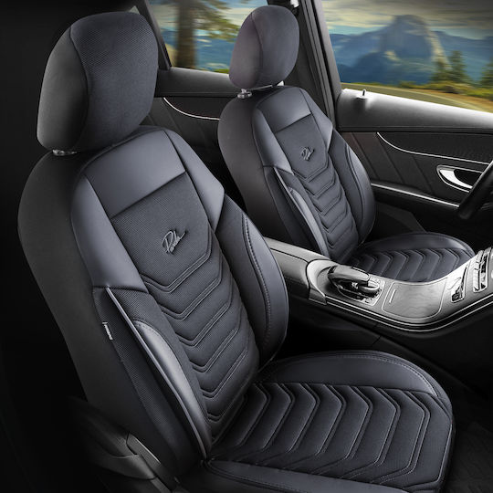 Universal Car Seat Covers Set Panda Florida Fabric Eco Leather Front Rear Black Grey