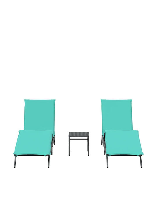 Garden Pool Deckchair Rattan with Pillow Turquoise with Table Set of 2 Pieces 200x59x26cm