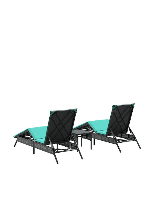Garden Pool Deckchair Rattan with Pillow Turquoise with Table Set of 2 Pieces 200x59x26cm