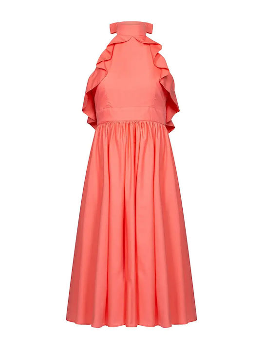 Sommer Midi Damenkleid mit Rüschen Koralle