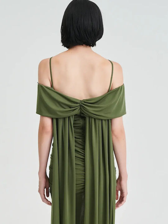 Summer Maxi Evening Drape Dress with Slit Olive