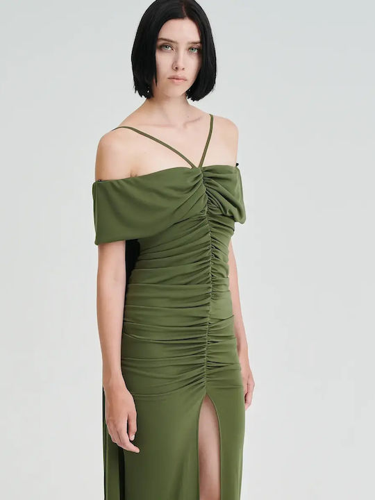 Summer Maxi Evening Drape Dress with Slit Olive