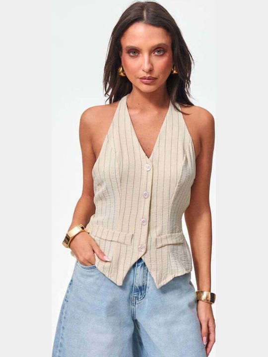 Women's Sleeveless Striped Beige Blouse