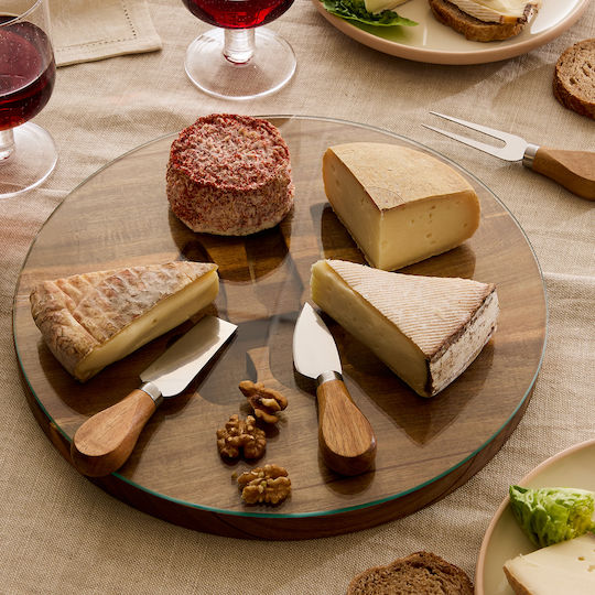 Acacia Cutting Board/3 Cheese Knives Glass Φ30cm