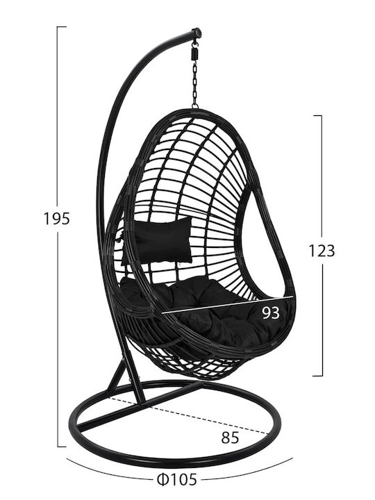 Garden Nest Swing with Stand and Pillow Rattan Black Load Capacity up to 130kg 93x85x123cm