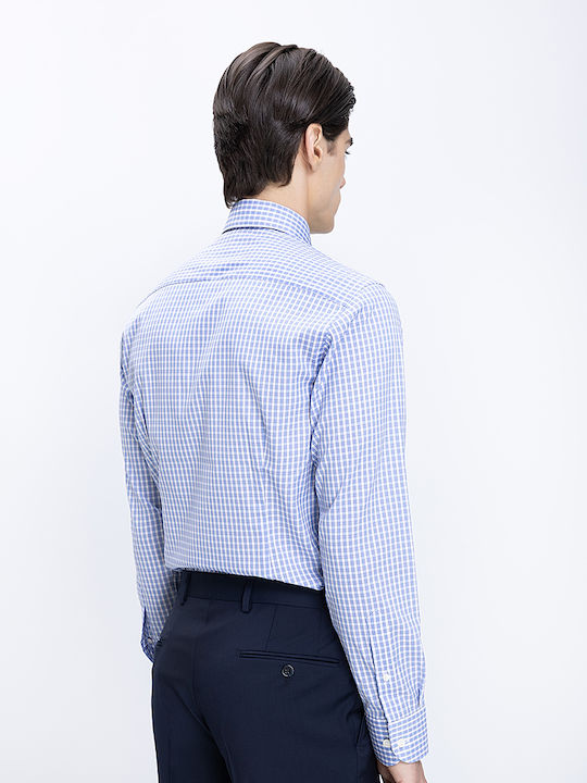 Long Sleeve Shirt in Narrow Fit Checked Blue Pattern