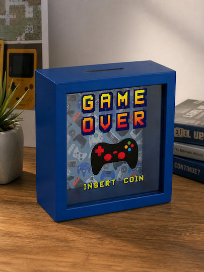 Kumbară Albastru din Lemn Game Over Insert Coin 16x6x16 Cm