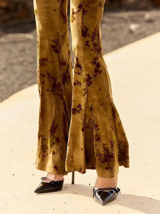 Damen Samt Hose in Breit Bein Stil Khaki