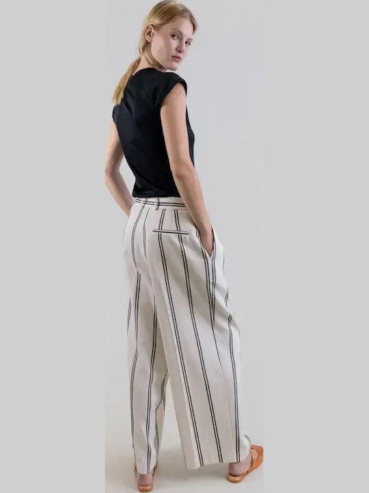 Damen Hochgeschnittenes Stoffhose in Breit Bein Stil Gestreift Ivory