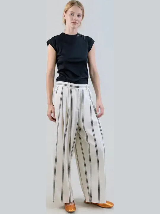 Damen Hochgeschnittenes Stoffhose in Breit Bein Stil Gestreift Ivory
