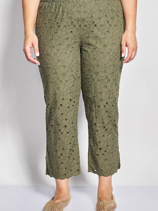 Set Damă Kaki cu Pantaloni cu Elastic Croială Dreaptă Floral
