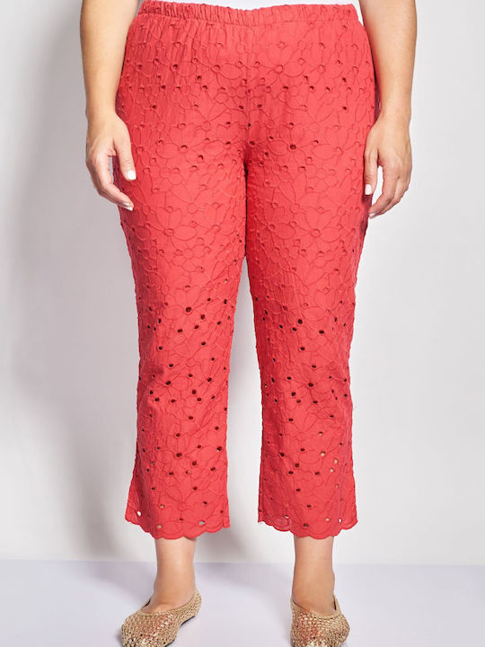 Set Dama Roșu cu Pantaloni cu Elastic pe Linia Dreaptă Floral