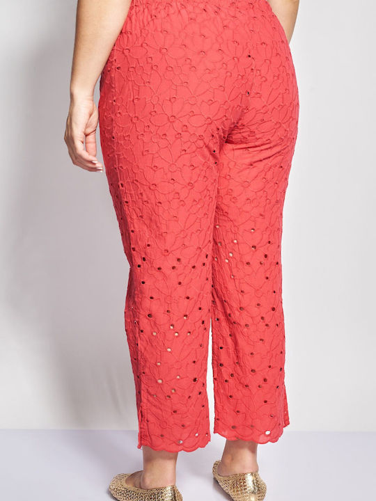 Set Dama Roșu cu Pantaloni cu Elastic pe Linia Dreaptă Floral