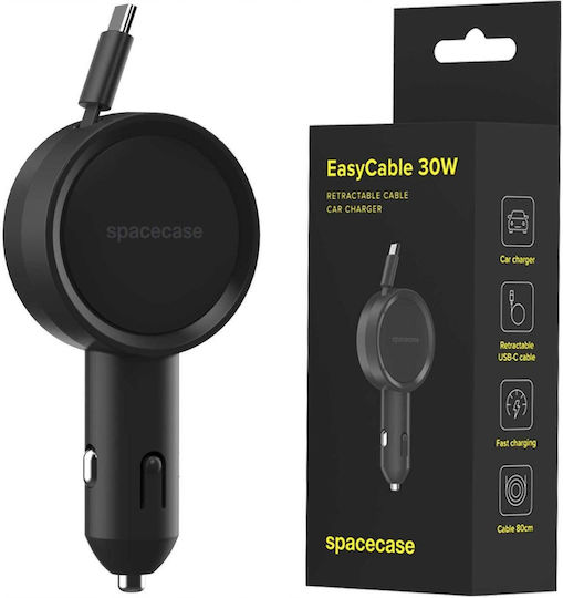 Spacecase Auto-Ladegerät Easycable Eingebautes Zusammenklappbares Kabel Type-C 30W Schwarz