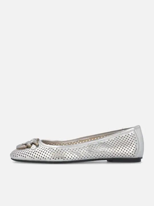 Leather Women's Ballerina Shoes in Silver Colour