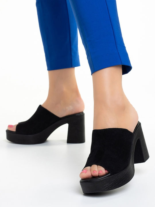 Suede Mules με Ψηλό Τακούνι σε Μαύρο Χρώμα