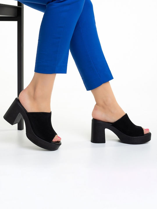 Suede Mules με Ψηλό Τακούνι σε Μαύρο Χρώμα