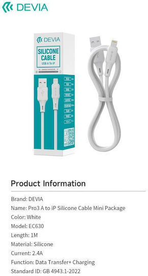 Devia USB-A zu Lightning Kabel Weiß 1m 0043319