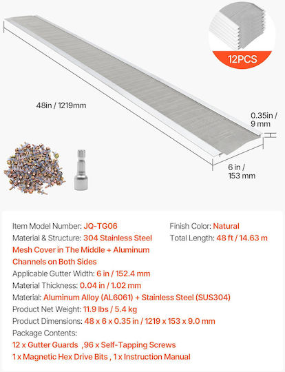Vevor Gutter Gutter Aluminum Gutter Cover 152.4 Mm Stainless Steel Heavy Duty Micro Mesh Length 14.63 M Thickness 1.02 Mm Protective Sheet Pine Needle Debris Easy Diy Includes Screws 12 Pcs