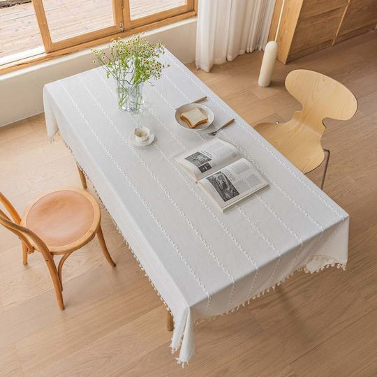 FRIPIA Leinen Tischdecke mit Stickerei Weiß 140x300cm