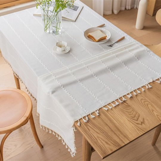FRIPIA Leinen Tischtuch mit Stickerei Weiß 140x350cm