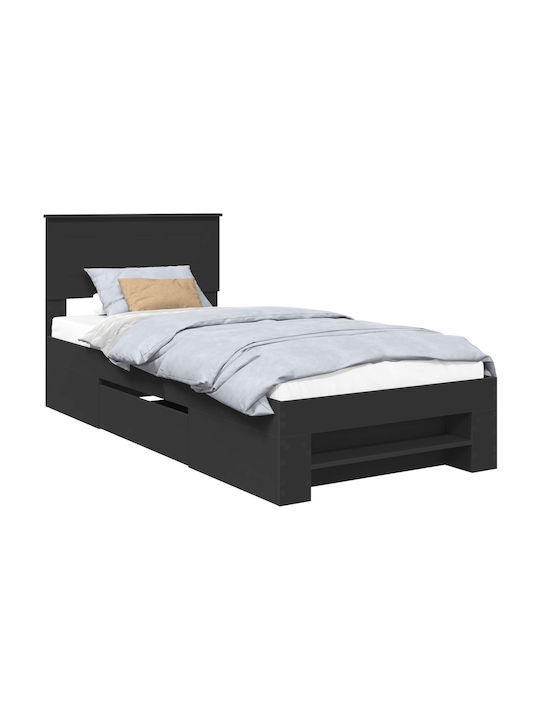 Pat Single Din Lemn Negru Cu Plăci Potrivit Pentru Saltea 90x200cm