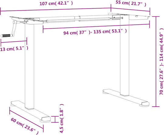 Vidaxl Σκελετός Όρθιου Γραφείου Λευκός 94-135 X60x 70-114 Εκ Ατσάλι