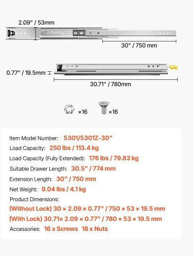 Vevor 1 Pair 16-60 In Soft-close Drawer Slides Ball Bearing Full Extension