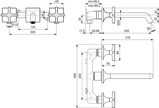Ideal Standard Σετ Μίκτης & Στόμιο Εντοιχισμού για Νιπτήρα Γκρι