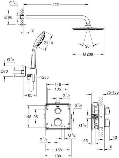 Grohe Grohtherm Set Cap De Duș Robineți Încorporați Dus 2 Ieșiri Inox Argintiu