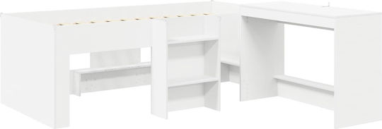 Pat Single pentru Copii cu Birou Alb pentru Saltea 90x190cm