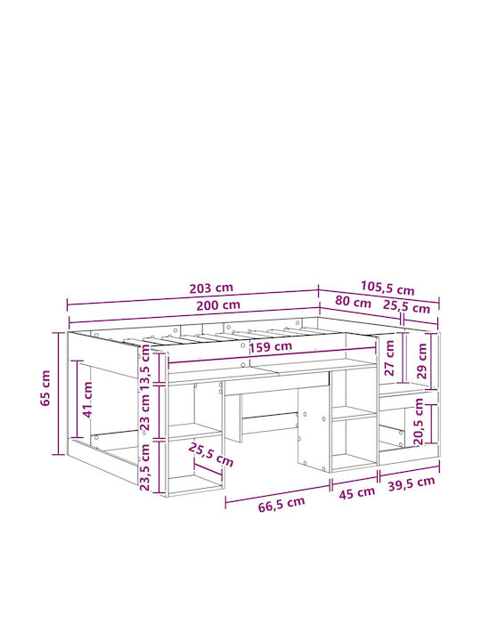 Pat Pentru Copii Single cu Spațiu de Stocare Negru pentru Saltea 80x200cm